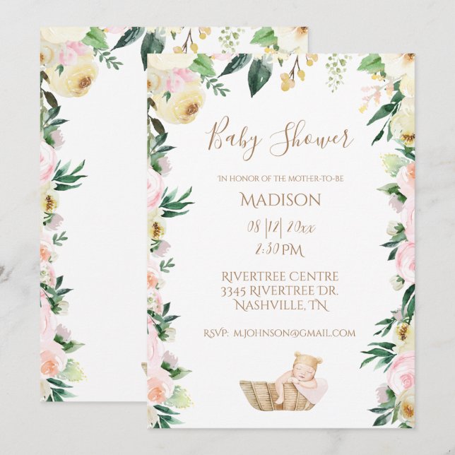 Baby Shower för flicka Rosa Blommigt Elegant   Inbjudningar (Fram/baksida)