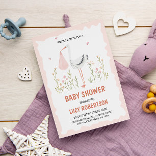 Baby Shower för flicka Rosa Stork Flowers Baby Sho Inbjudningar
