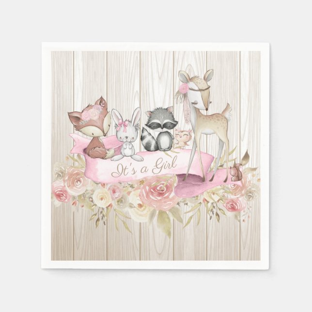 Baby Shower för flicka Woodland Animal Baby Shower Pappersservett (Framsidan)
