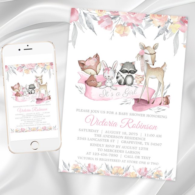 Baby Shower för flicka Woodland Animals Inbjudningar (Girls sweet woodland baby shower invitation. Instant download and printed invitations available.)