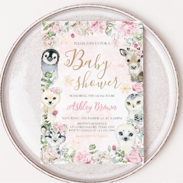 Baby Shower för flickvinter-arktiska djur Inbjudningar (Floral Winter Wonderland Baby Shower Invitation)