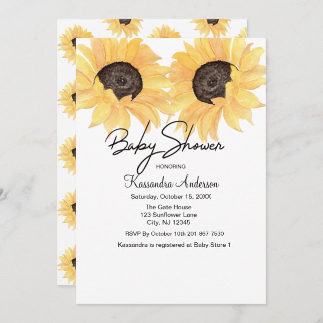 Baby shower för gender för vattenfärgsolros inbjudningar (Fram/baksida)