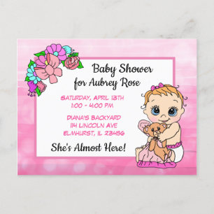 Baby Shower for Girl, Rosa Bow Baby Vykort