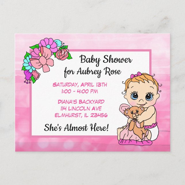 Baby Shower for Girl, Rosa Bow Baby Vykort (Framsida)