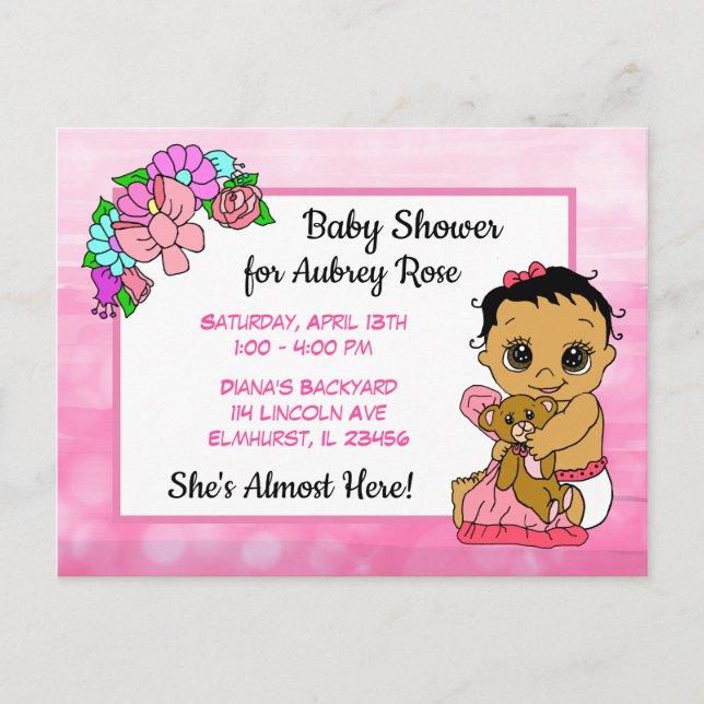 Baby Shower for Girl, Rosa Bow Ethnic Baby Vykort (Framsida)