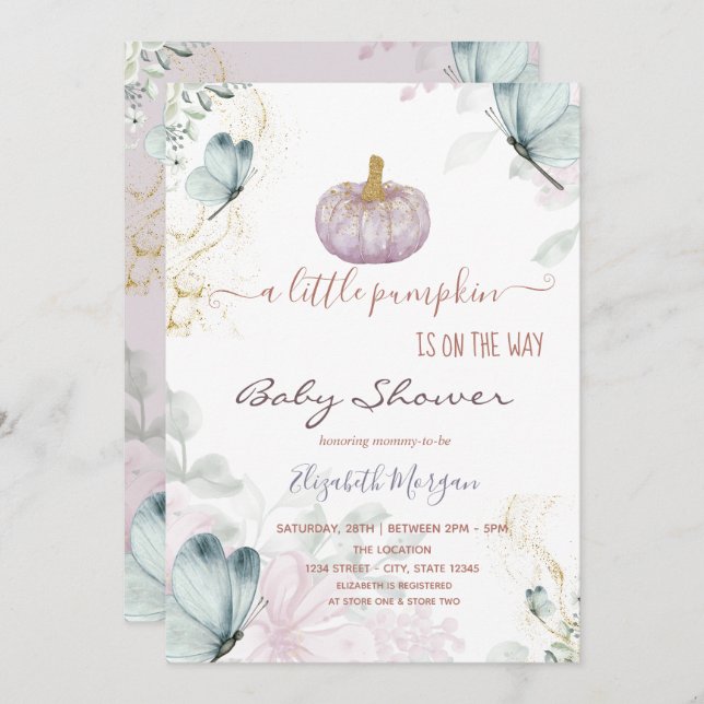 Baby Shower för glitter Pumpkin Blue Butterflies Inbjudningar (Fram/baksida)