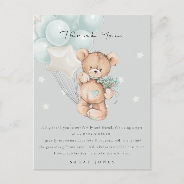 Baby Shower för grått Blue Bear Barly Wait Balloon Vykort (Framsida)