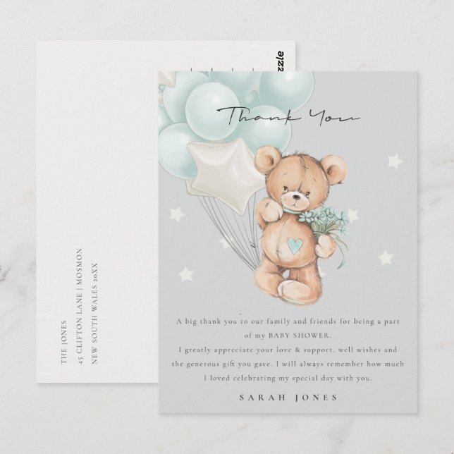 Baby Shower för grått Blue Bear Barly Wait Balloon Vykort (Fram/baksida)