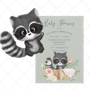 Baby Shower för Grönt för Racoon Watercolor Sage  Inbjudningar