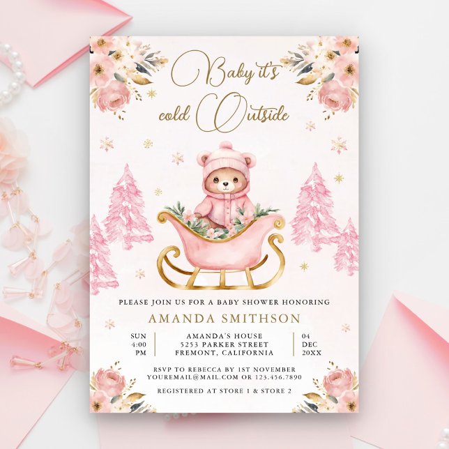 Baby Shower för Guld Blommigt--Nalle för Vinter-Ro Inbjudningar (Skapare uppladdad)