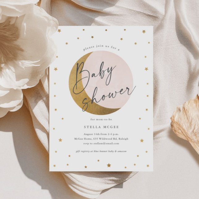 Baby Shower för Guld Måne och Stars Script Girls Inbjudningar (Gold Moon and Stars Script Girls Baby Shower Invitations.)