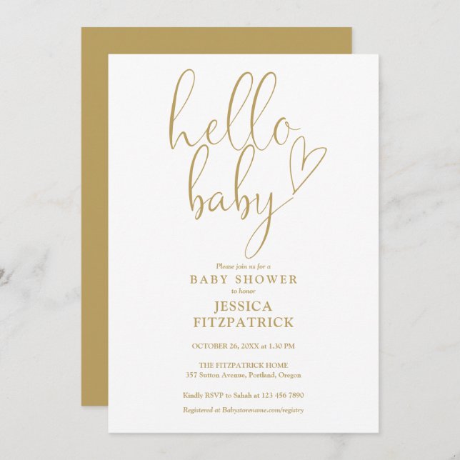 Baby Shower för hej Baby Guld Heart Script-skript Inbjudningar (Fram/baksida)