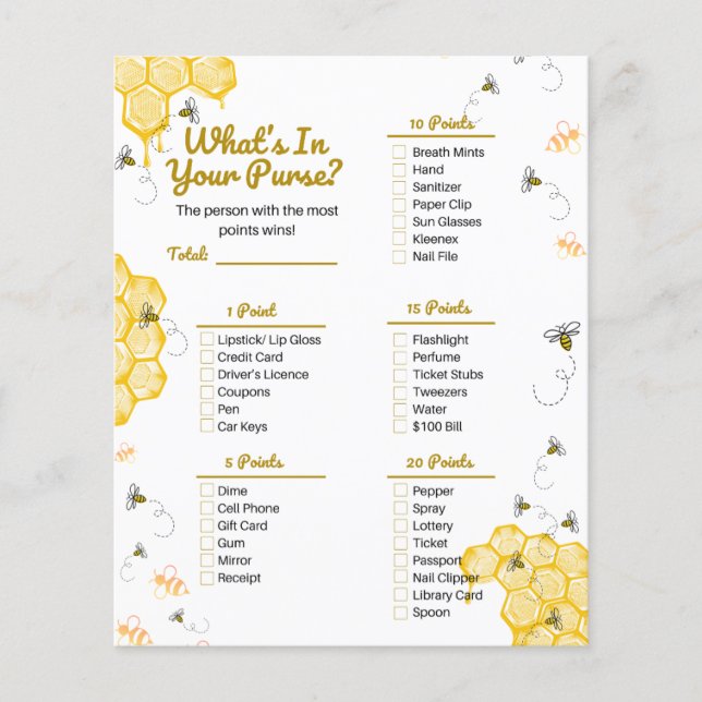 Baby Shower för honungsbin Vad är i ditt Purse-spe (Framsida)