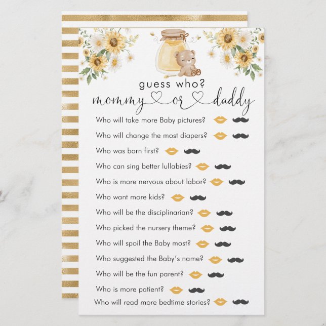 Baby Shower för honungsbjörn "gissa vem" spel (Fram/baksida)