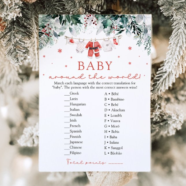 Baby Shower för jultomten Baby Värld runt Inbjudningar (Watercolor Red Christmas Santa Baby Around The World Baby Shower Game)