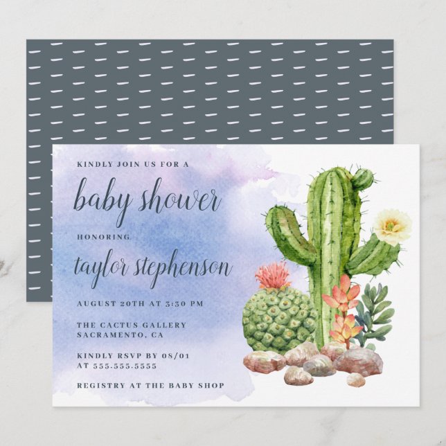 Baby shower för kaktus för Boho vattenfärg Inbjudningar (Fram/baksida)