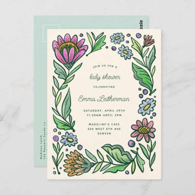 Baby Shower för konstnärlig skandinavisk Blommigt Vykort (Fram/baksida)
