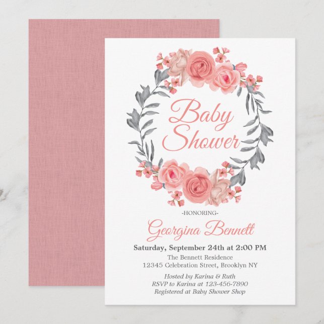 Baby shower för kran för eleganta rosarodnadgrått inbjudningar (Fram/baksida)