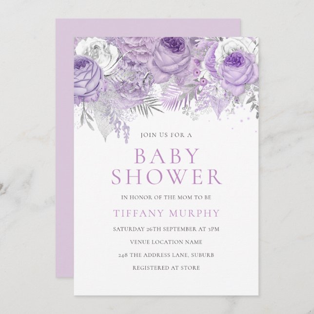 Baby Shower för Lavender Lila Gnistra Blommigt Bab Inbjudningar (Fram/baksida)