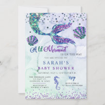 Baby Shower för lila Grönt Modern Glitter Sjöjungf