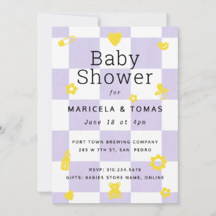 Baby Shower för lila och Gult Checker Inbjudningar