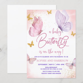 Baby Shower för lila Rosa Guld Glitter Butterfly B Inbjudningar