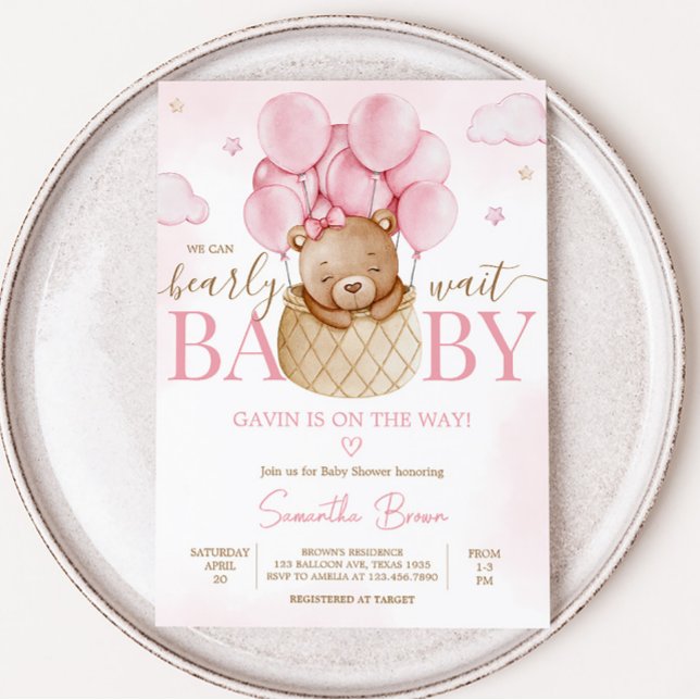 Baby Shower för Luftballong för flickor Inbjudningar (Pink Boho Baby Bear Baby Shower Invitation)