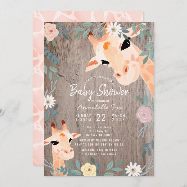 Baby Shower för mamma & Baby Giraffe Rustic Wood B Inbjudningar (Fram/baksida)