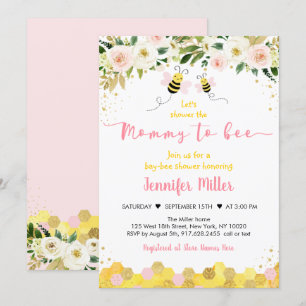 Baby Shower för mamma till Bee Rosa Guld Blommigt  Inbjudningar