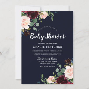 Baby Shower för marin och burgundy Red Flowers Inbjudningar