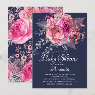 Baby Shower för marin Rosa & Silver Blommigt Inbjudningar