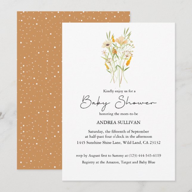 Baby Shower för minimalistisk Wildblomma-Orange Inbjudningar (Fram/baksida)
