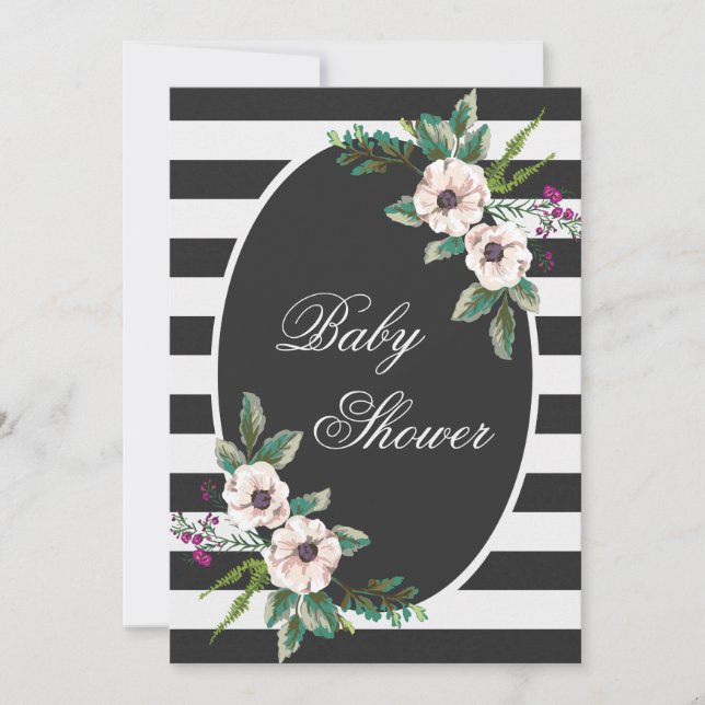 Baby Shower för Modern Black White Rand Blommigt Inbjudningar (Framsida)