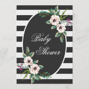 Baby Shower för Modern Black White Rand Blommigt Inbjudningar