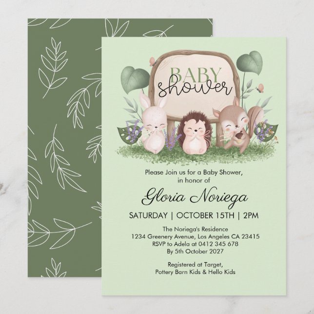 Baby Shower för modern grey Woodland Animals Inbjudningar (Fram/baksida)