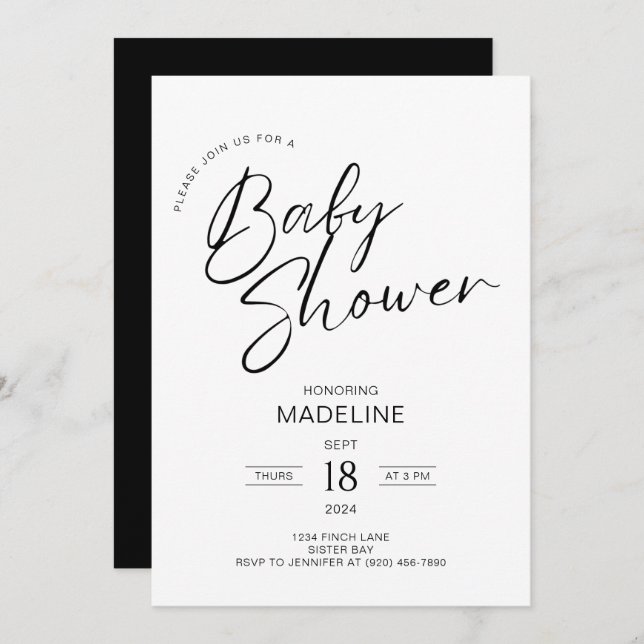 Baby Shower för modern minimalistisk skriptstil Inbjudningar (Fram/baksida)