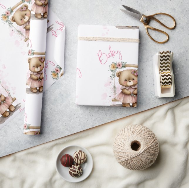 Baby Shower för Nalle för rosa Baby Script- Presentpapper (Hantverk)