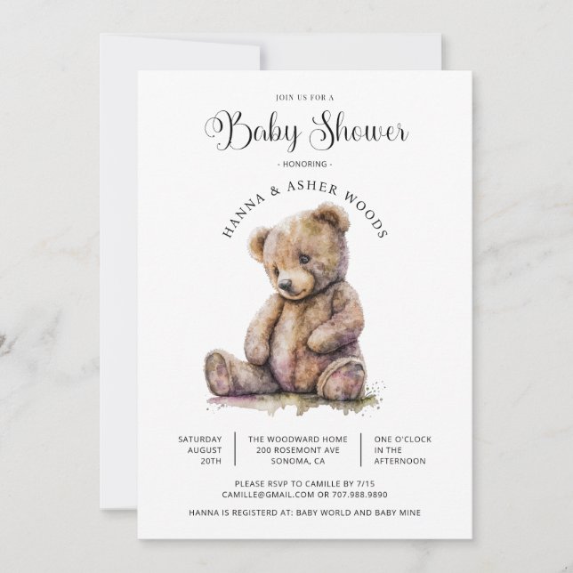 Baby Shower för Nalle för utspädda vattenfärger Inbjudningar (Framsida)