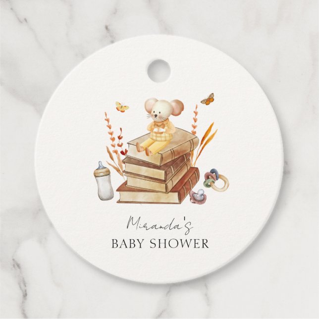 Baby Shower för Neutral Boho Bok Mouse Gåvor Etiketter (Framsida)