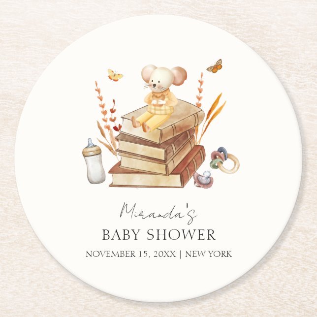 Baby Shower för Neutral Boho Bok Mouse Underlägg Papper Rund (Framsidan)