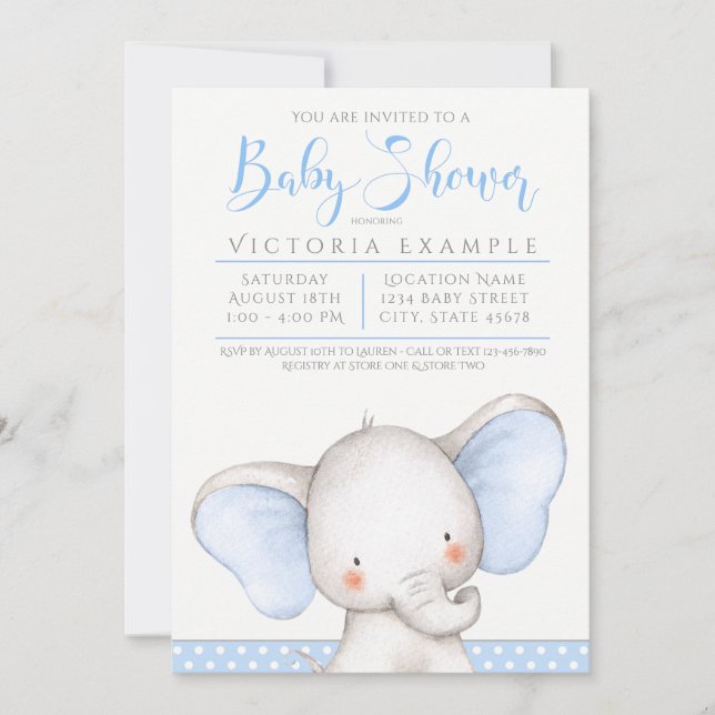 Baby Shower för Pojke i Blått och Grått Elefanttem Inbjudningar (Framsida)