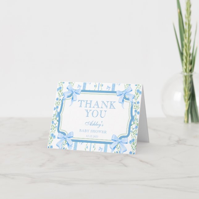 Baby Shower för Pojke med Blå Rosett Tack Kort (Framsida)