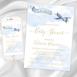 Baby Shower för Pojke med Vintage Flygplan Tema Inbjudningar