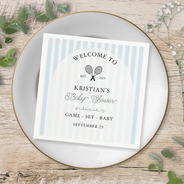 Baby Shower för Preppy Blue Tennis Land Klubb    Pappersservett (elegant baby blue stripes baby shower napkins for chic preppy tennis theme country club events)