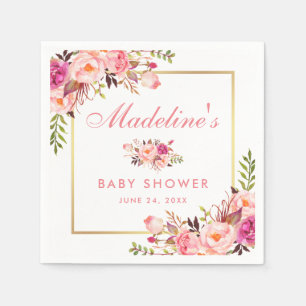 Baby shower för ram för blom- rosarodnad guld- pappersservett