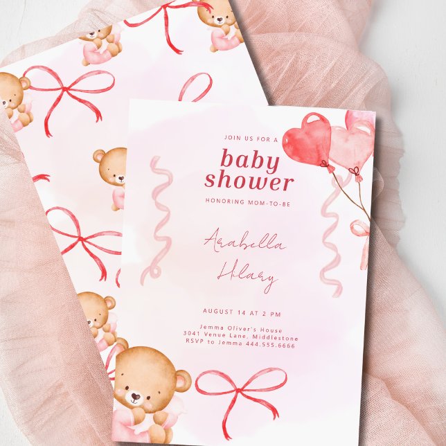 Baby Shower för Rosa Bear Bows & Ballower Inbjudningar (Skapare uppladdad)