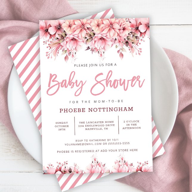 Baby Shower för Rosa Blommigt Baby Shower Inbjudningar (Girl Pink Floral Baby Shower Invitation)