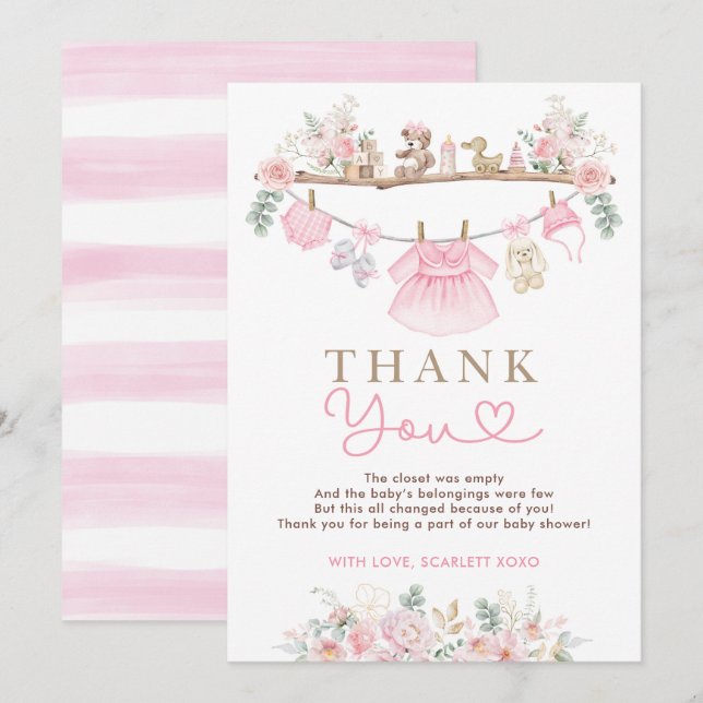Baby Shower för Rosa Blommigt  Barnkläder  Tack Kort (Fram/baksida)