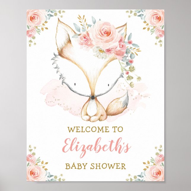 Baby Shower för  Rosa-Blommigt för Flickfox-vatten Poster (Framsidan)