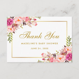 Baby Shower för rosa Guld Blommigt , tack Kort